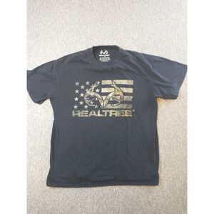Realtree Mens Black Graphic T-Shirt American Flag Camo Antler Logo Size M